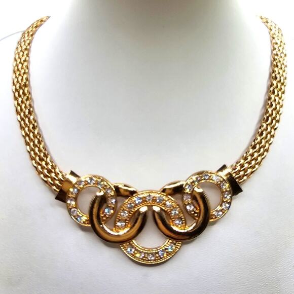 Necklace Bracelet Set Interlocking Circles Clear Rhinestones Vintage Style - Picture 1 of 6